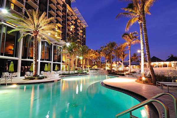 A resort swimming pool at twilight